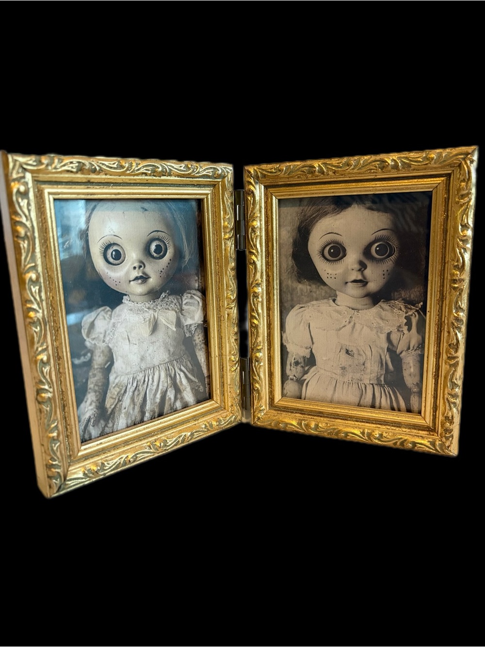 Creepy Doll Prints in Vintage Double Hinged Ornate Gold Frame - Goth Art